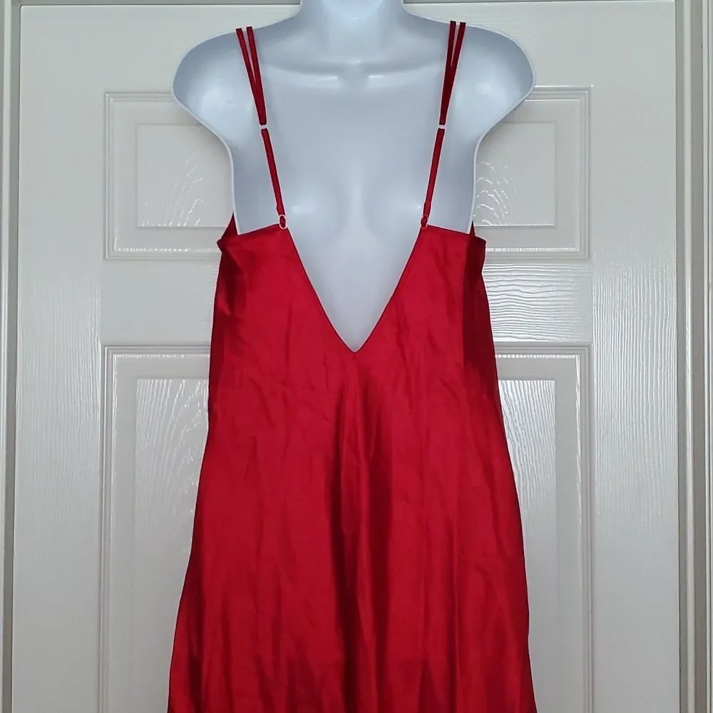 Secret Treasures Red Satin Long Chemise Nightgown Black Lace Trim - Medium
